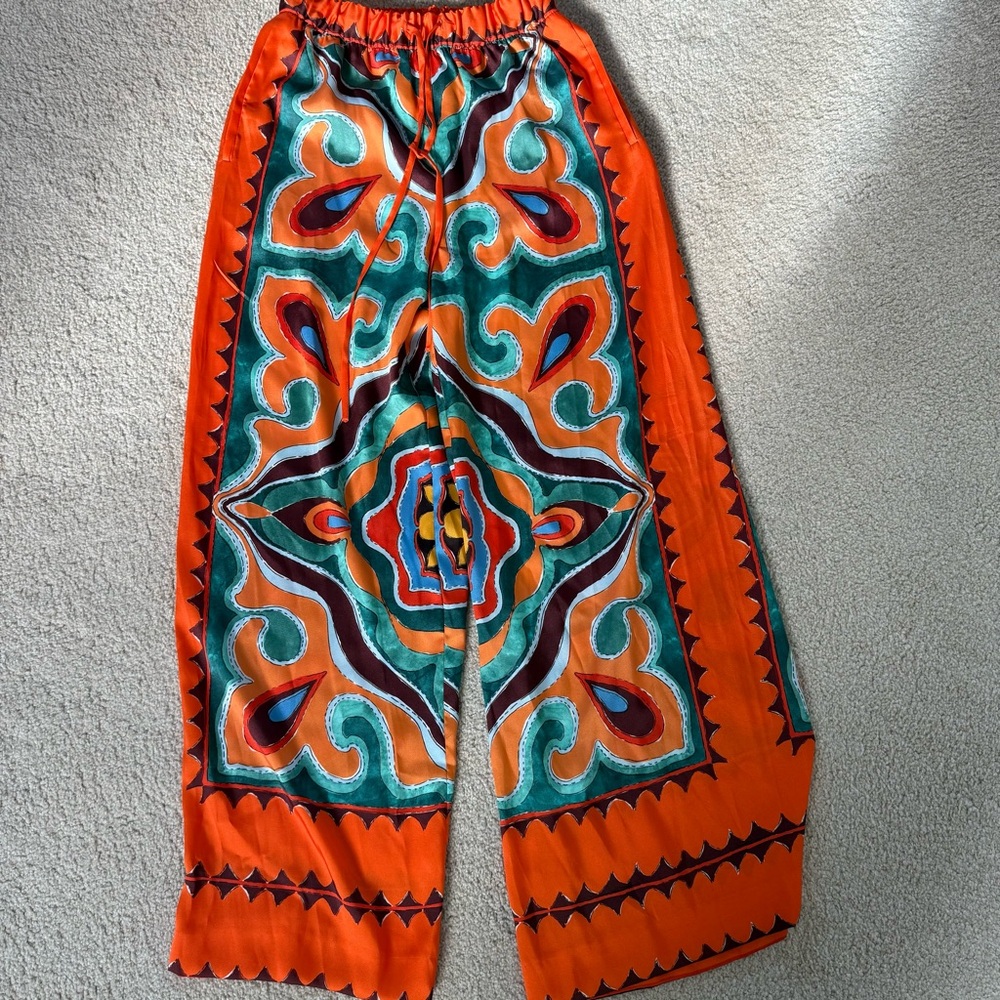 Zara Orange Multicolor Wide Leg Pants